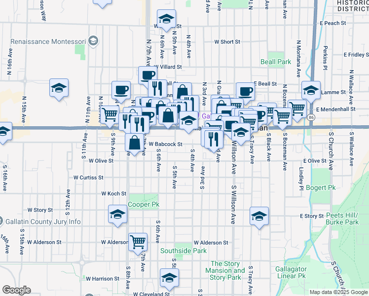 map of restaurants, bars, coffee shops, grocery stores, and more near 414 West Babcock Street in Bozeman