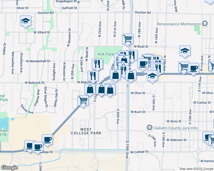 map of restaurants, bars, coffee shops, grocery stores, and more near 200 South 23rd Avenue in Bozeman