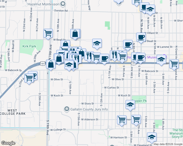 map of restaurants, bars, coffee shops, grocery stores, and more near 1328 West Babcock Street in Bozeman