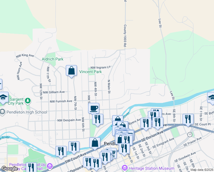 map of restaurants, bars, coffee shops, grocery stores, and more near 611 North Main Street in Pendleton