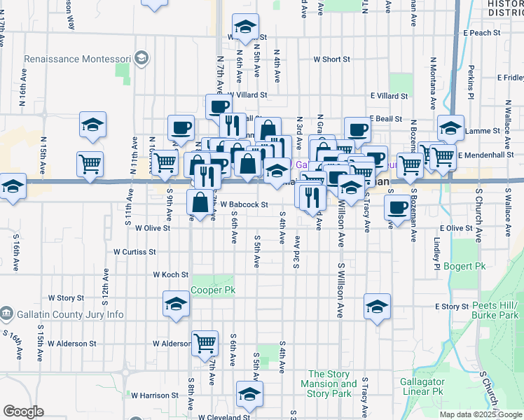 map of restaurants, bars, coffee shops, grocery stores, and more near 426 West Babcock Street in Bozeman