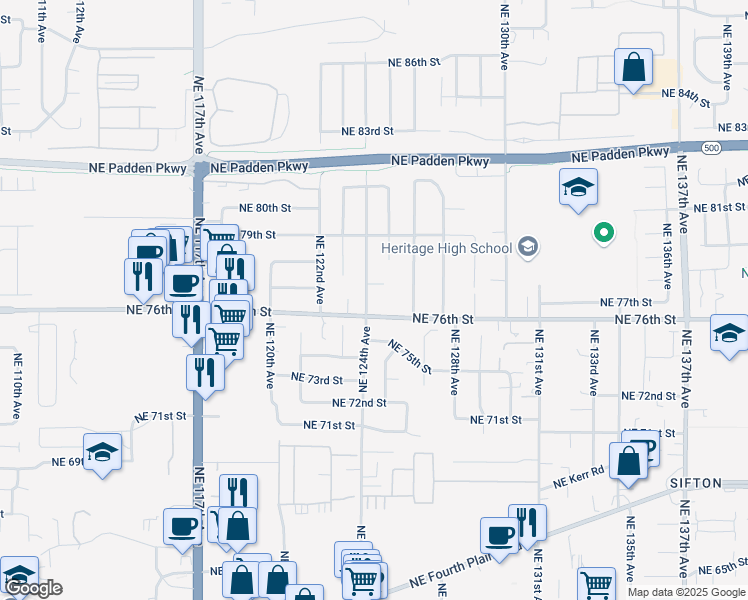 map of restaurants, bars, coffee shops, grocery stores, and more near 7606 Northeast 124th Avenue in Vancouver