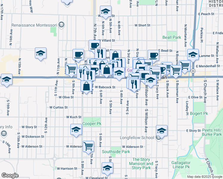 map of restaurants, bars, coffee shops, grocery stores, and more near 426 West Babcock Street in Bozeman
