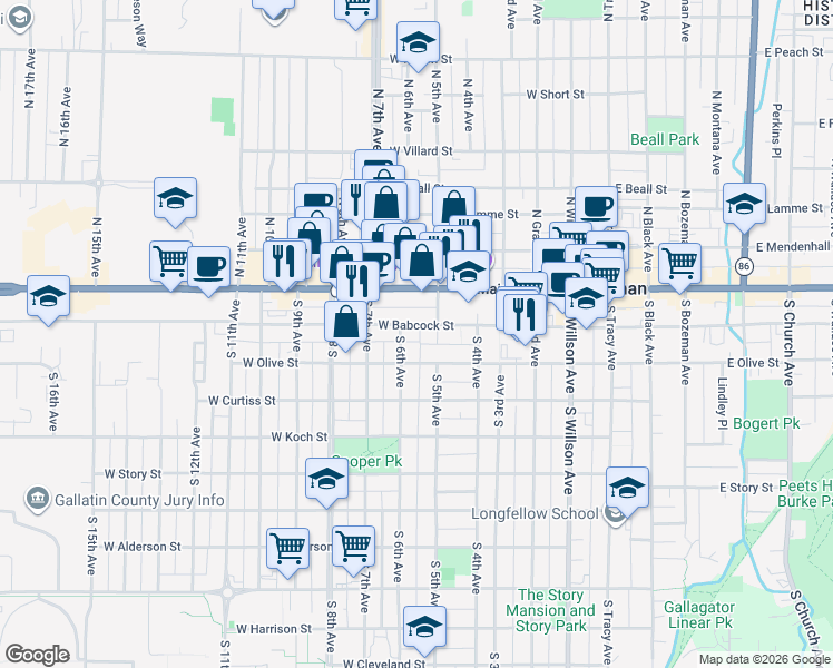 map of restaurants, bars, coffee shops, grocery stores, and more near 522 West Babcock Street in Bozeman
