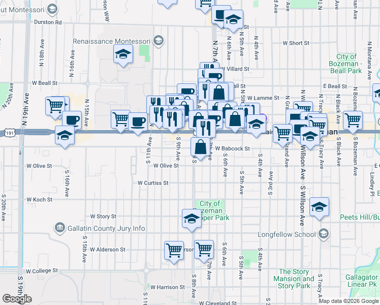 map of restaurants, bars, coffee shops, grocery stores, and more near 103 South 8th Avenue in Bozeman