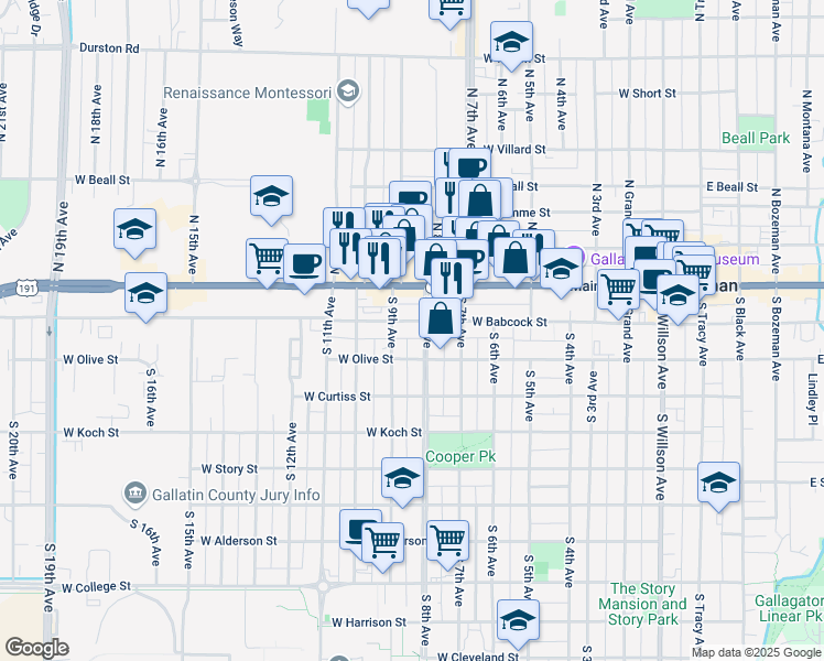 map of restaurants, bars, coffee shops, grocery stores, and more near 103 South 8th Avenue in Bozeman