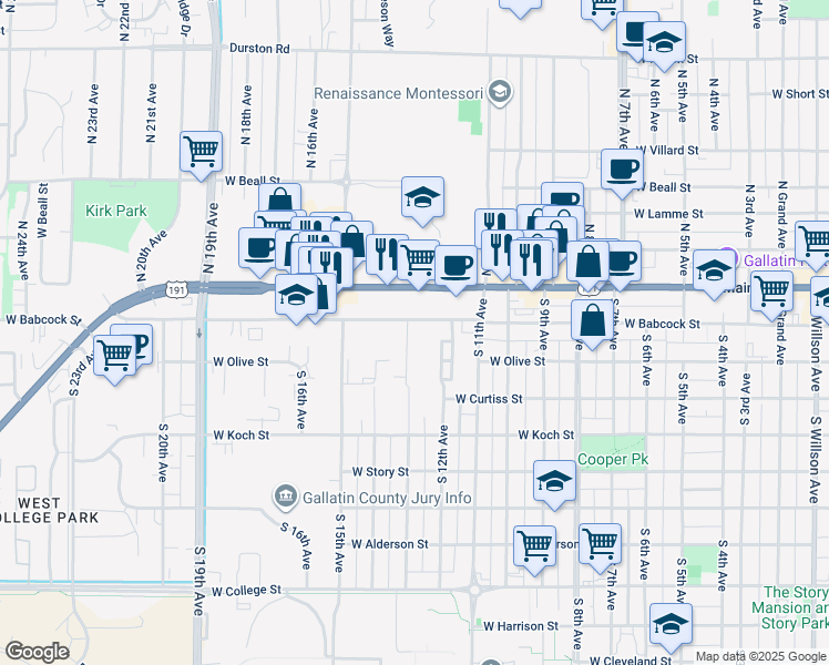map of restaurants, bars, coffee shops, grocery stores, and more near 1232 West Babcock Street in Bozeman