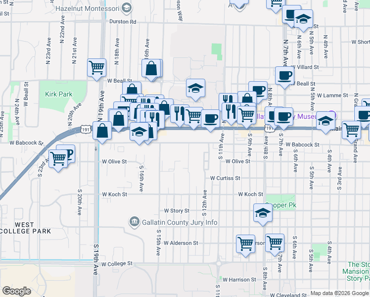 map of restaurants, bars, coffee shops, grocery stores, and more near 1328 West Babcock Street in Bozeman