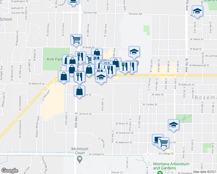map of restaurants, bars, coffee shops, grocery stores, and more near 1612 West Babcock Street in Bozeman