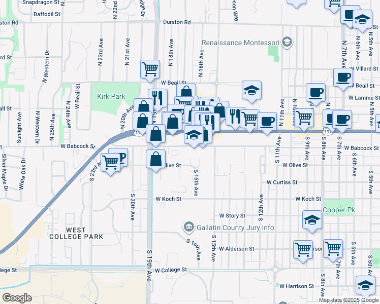 map of restaurants, bars, coffee shops, grocery stores, and more near 1612 West Babcock Street in Bozeman