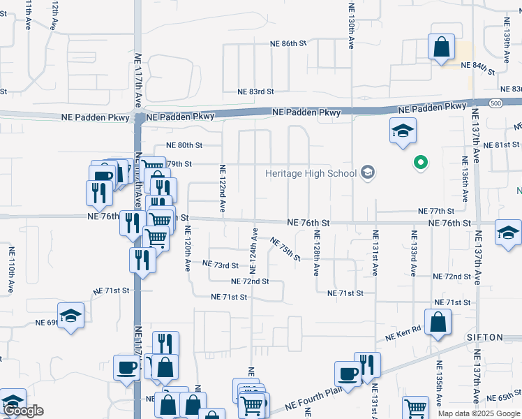map of restaurants, bars, coffee shops, grocery stores, and more near 7606 Northeast 124th Avenue in Vancouver