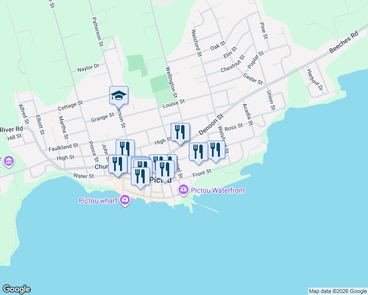 map of restaurants, bars, coffee shops, grocery stores, and more near 67 Denoon Street in Pictou