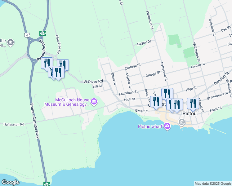 map of restaurants, bars, coffee shops, grocery stores, and more near 1 Elliott Street in Pictou