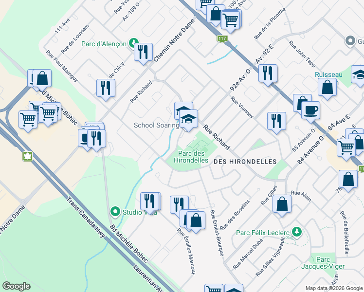 map of restaurants, bars, coffee shops, grocery stores, and more near in Blainville