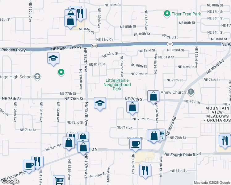 map of restaurants, bars, coffee shops, grocery stores, and more near 7612 Northeast 141st Court in Vancouver