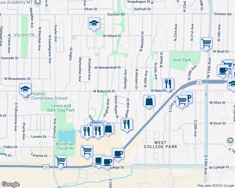 map of restaurants, bars, coffee shops, grocery stores, and more near 2745 Crab Tree Street in Bozeman