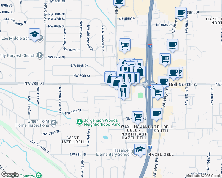 map of restaurants, bars, coffee shops, grocery stores, and more near 7726 Northeast Hazel Dell Avenue in Vancouver