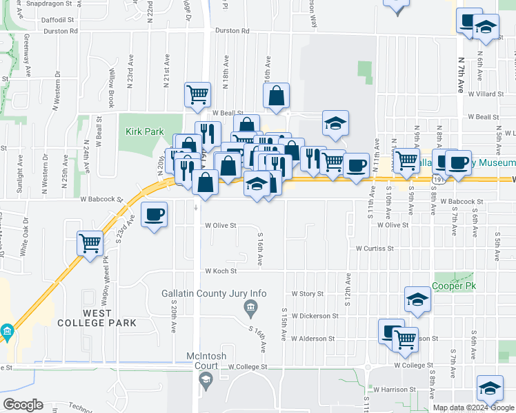 map of restaurants, bars, coffee shops, grocery stores, and more near 1612 West Babcock Street in Bozeman