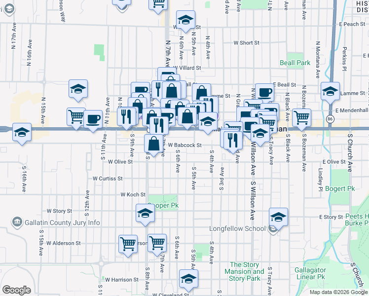 map of restaurants, bars, coffee shops, grocery stores, and more near 522 West Babcock Street in Bozeman