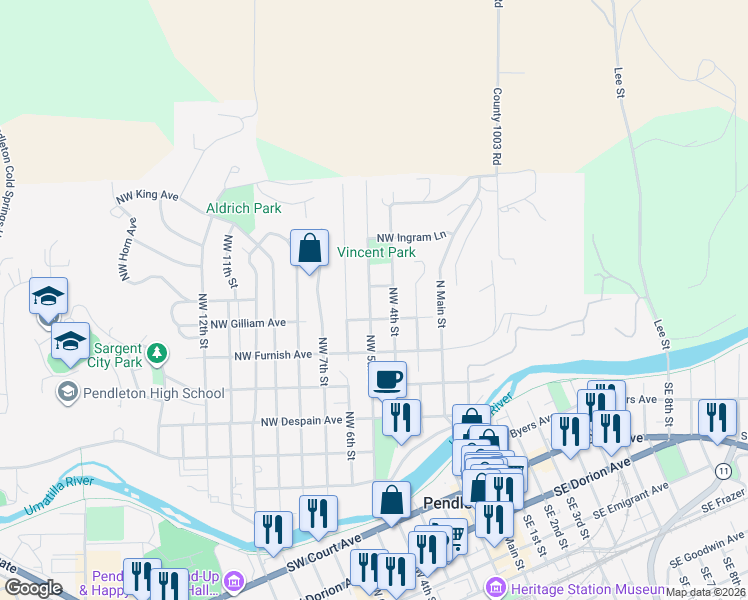 map of restaurants, bars, coffee shops, grocery stores, and more near 616 Northwest 5th Street in Pendleton
