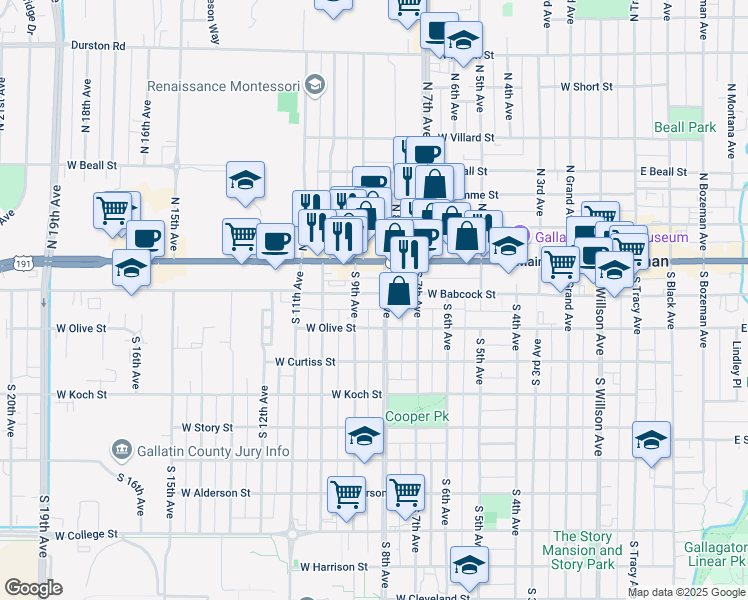 map of restaurants, bars, coffee shops, grocery stores, and more near 103 South 8th Avenue in Bozeman