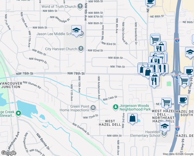 map of restaurants, bars, coffee shops, grocery stores, and more near 7710 Northwest Anderson Avenue in Vancouver