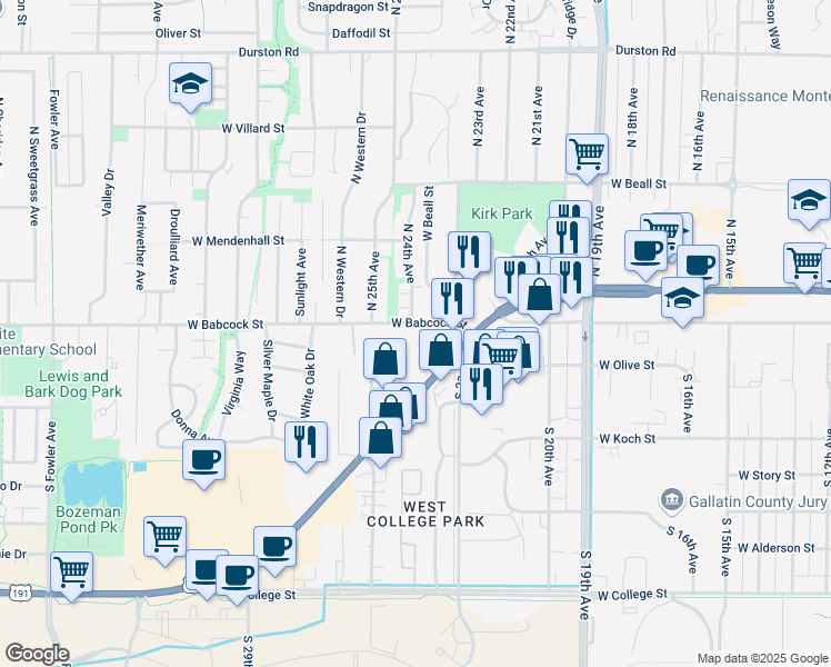 map of restaurants, bars, coffee shops, grocery stores, and more near 2320 West Babcock Street in Bozeman