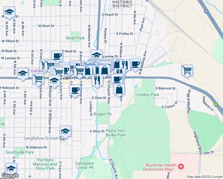 map of restaurants, bars, coffee shops, grocery stores, and more near 506 East Babcock Street in Bozeman
