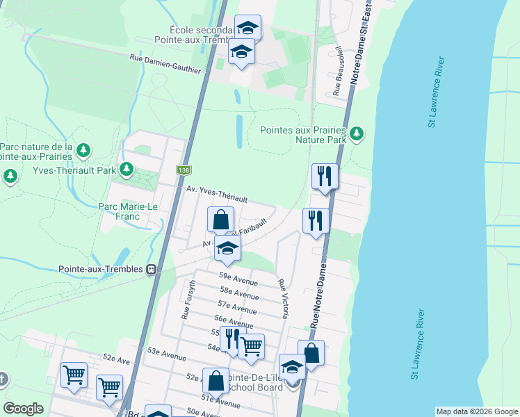 map of restaurants, bars, coffee shops, grocery stores, and more near 1442 Avenue Yves-Thériault in Montréal