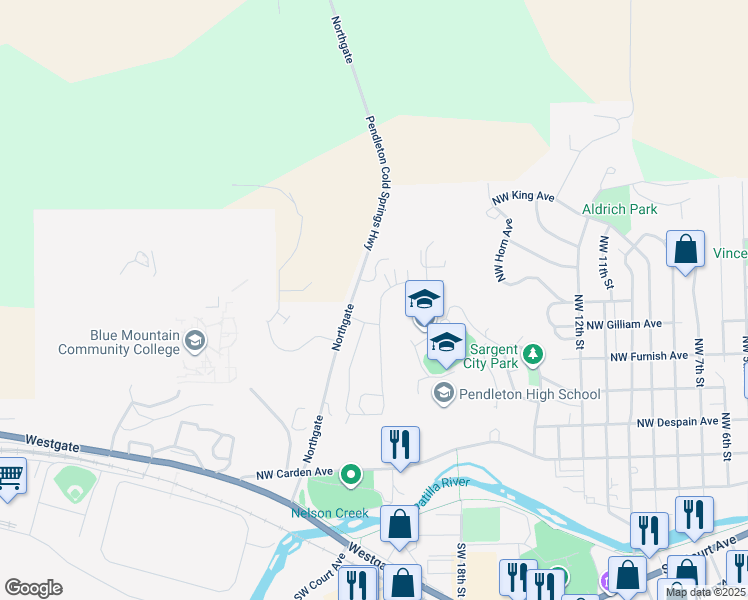 map of restaurants, bars, coffee shops, grocery stores, and more near 2175 Northwest Gilliam Avenue in Pendleton