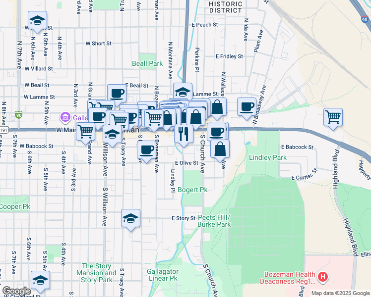 map of restaurants, bars, coffee shops, grocery stores, and more near 400 East Babcock Street in Bozeman