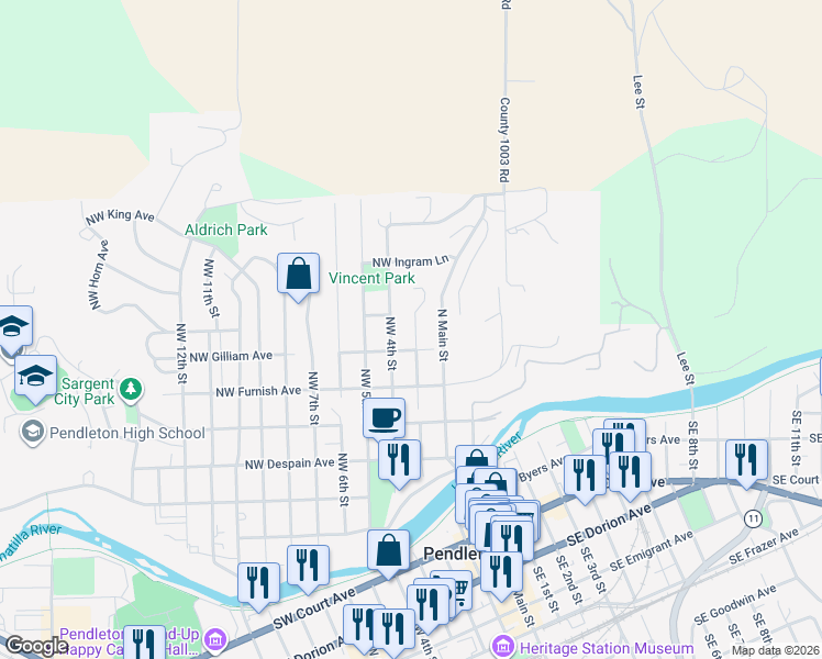 map of restaurants, bars, coffee shops, grocery stores, and more near 311 Northwest Gilliam Avenue in Pendleton