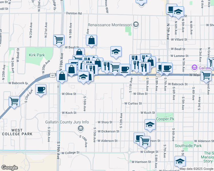 map of restaurants, bars, coffee shops, grocery stores, and more near 1328 West Babcock Street in Bozeman