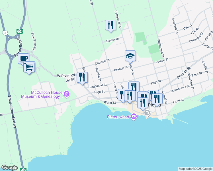map of restaurants, bars, coffee shops, grocery stores, and more near 57 Willow Street in Pictou