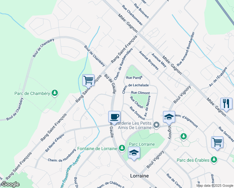 map of restaurants, bars, coffee shops, grocery stores, and more near 241 Boulevard de Gaulle in Lorraine