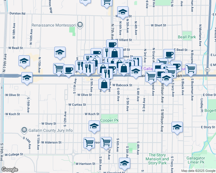 map of restaurants, bars, coffee shops, grocery stores, and more near 622 West Babcock Street in Bozeman
