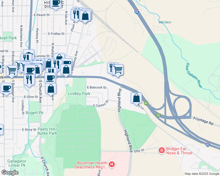 map of restaurants, bars, coffee shops, grocery stores, and more near 109 Highland Blvd in Bozeman