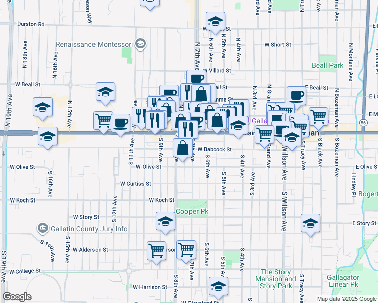 map of restaurants, bars, coffee shops, grocery stores, and more near 622 West Babcock Street in Bozeman