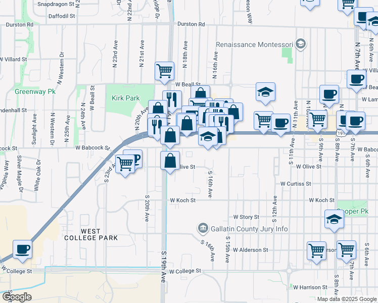 map of restaurants, bars, coffee shops, grocery stores, and more near 1704 West Babcock Street in Bozeman