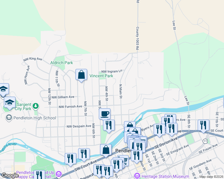 map of restaurants, bars, coffee shops, grocery stores, and more near 311 Northwest Gilliam Avenue in Pendleton