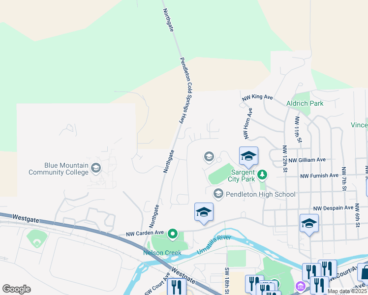 map of restaurants, bars, coffee shops, grocery stores, and more near 2175 Northwest Gilliam Avenue in Pendleton