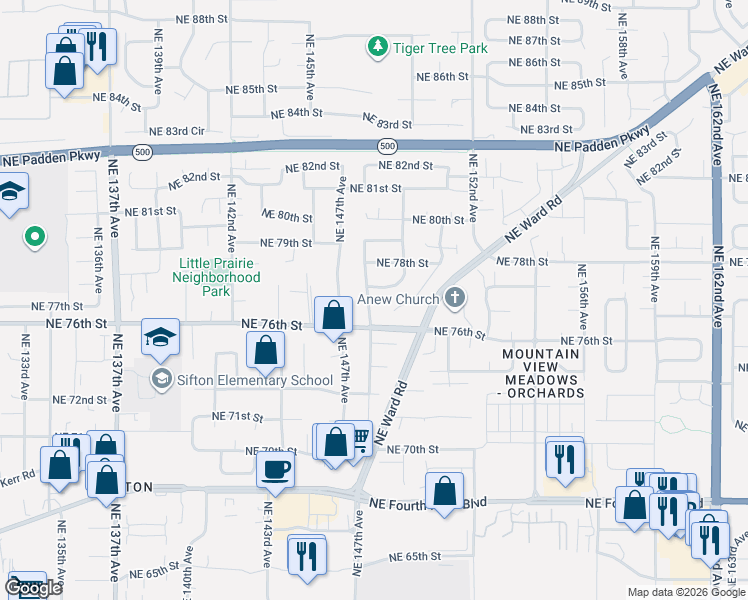 map of restaurants, bars, coffee shops, grocery stores, and more near 7619 Northeast 148th Avenue in Vancouver