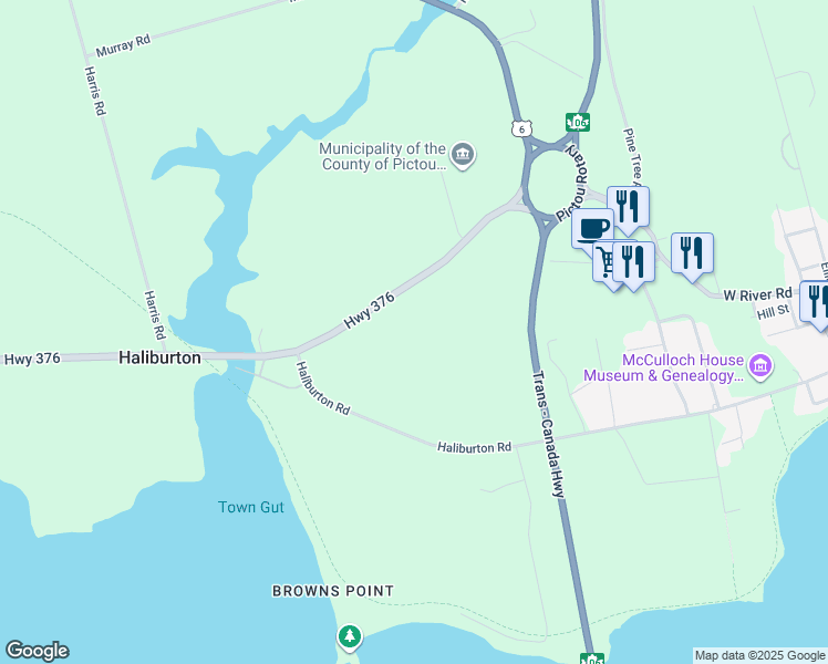 map of restaurants, bars, coffee shops, grocery stores, and more near 3223 Nova Scotia 376 in Pictou