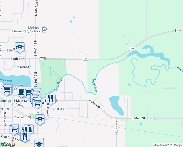 map of restaurants, bars, coffee shops, grocery stores, and more near 32999 County Road 168 in Melrose