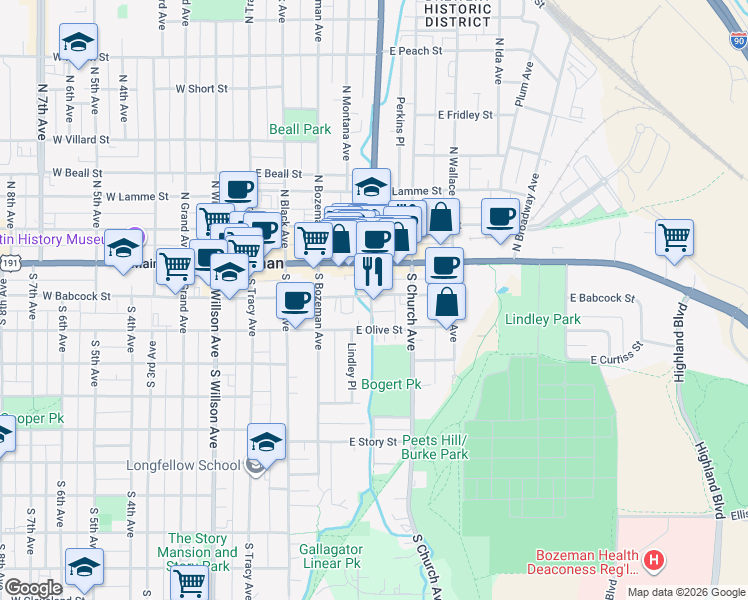 map of restaurants, bars, coffee shops, grocery stores, and more near 400 East Babcock Street in Bozeman