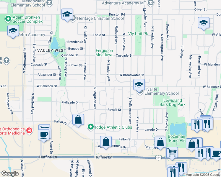 map of restaurants, bars, coffee shops, grocery stores, and more near 4050 West Babcock Street in Bozeman