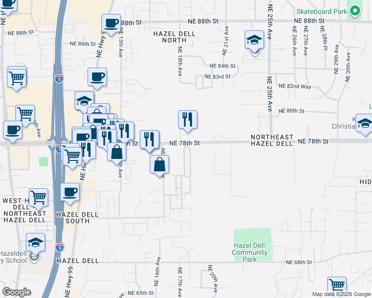 map of restaurants, bars, coffee shops, grocery stores, and more near 1619 Northeast 78th Street in Vancouver
