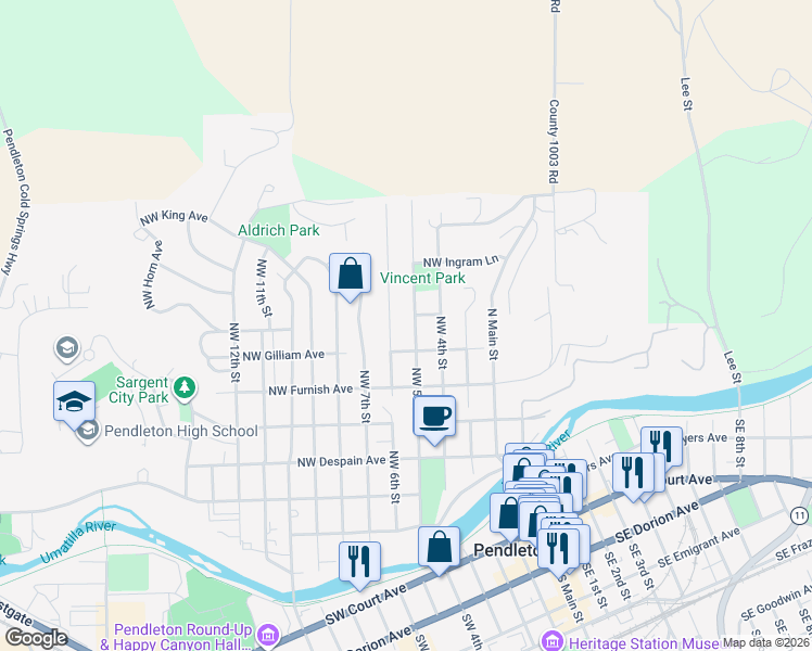map of restaurants, bars, coffee shops, grocery stores, and more near 616 Northwest 5th Street in Pendleton