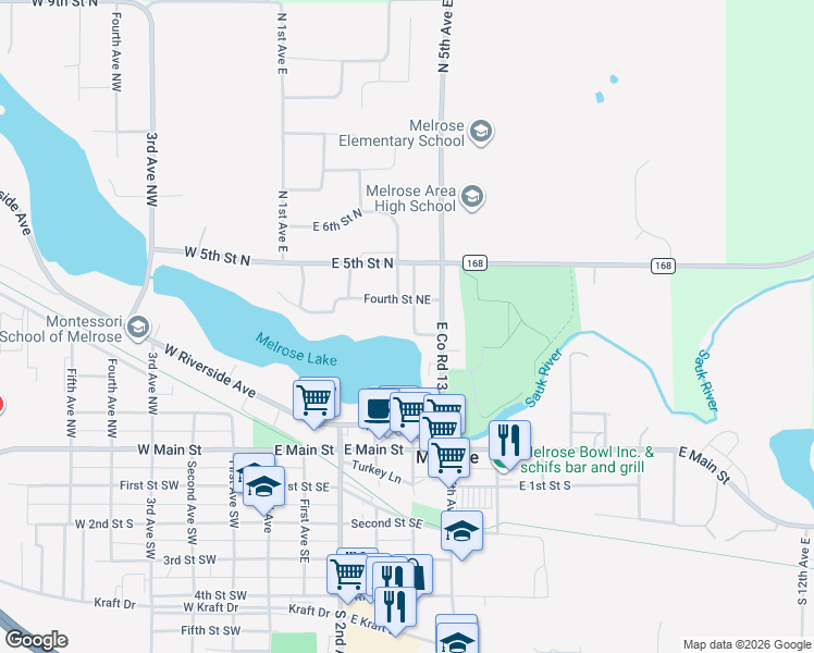map of restaurants, bars, coffee shops, grocery stores, and more near 305 Fourth Avenue Northeast in Melrose