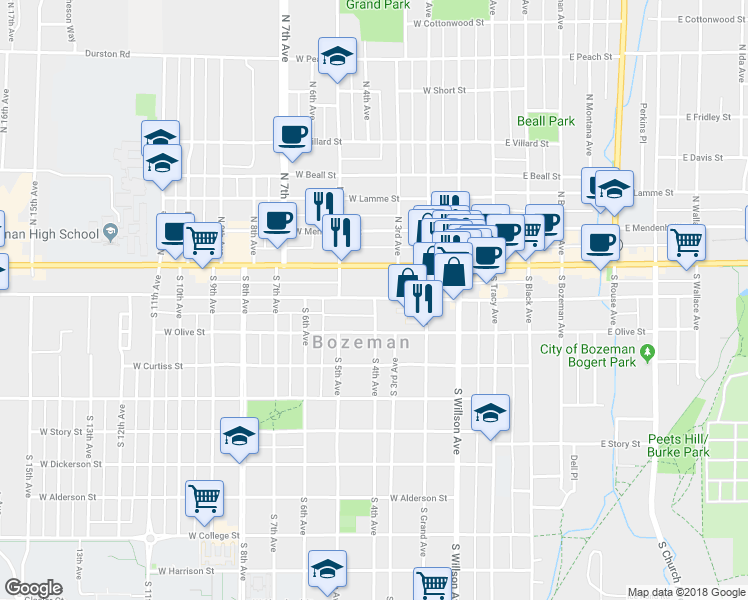 map of restaurants, bars, coffee shops, grocery stores, and more near 111 South 4th Avenue in Bozeman